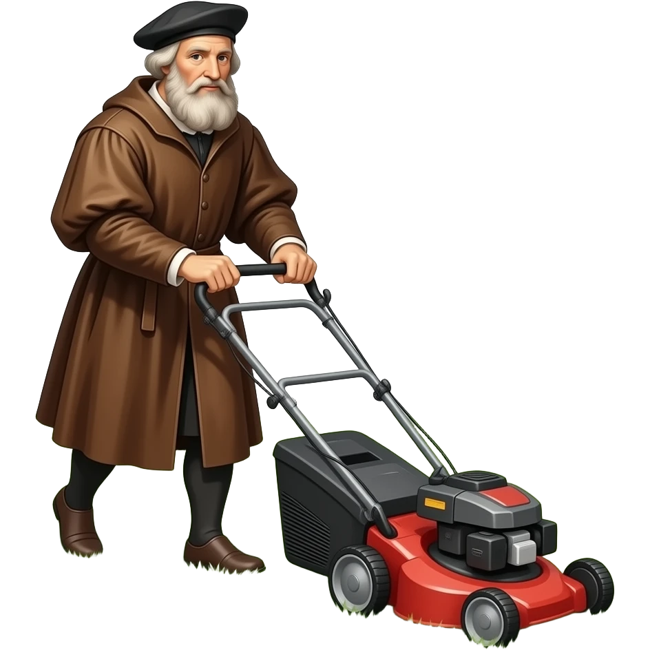 old Leonardo da Vinci mowing the lawn with a lawn mower emoji