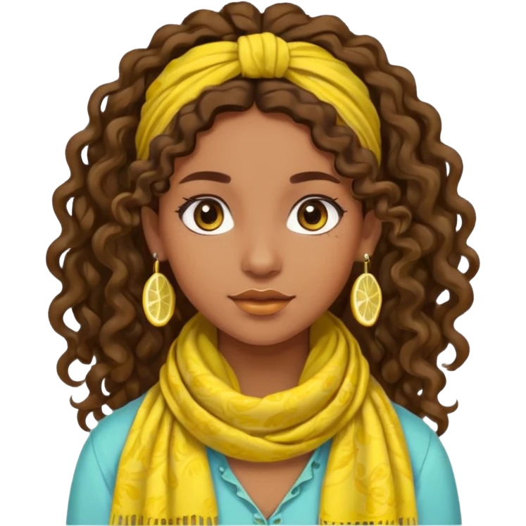 bohemian girl with brown skin, long curly brown hair tied up, lemon yellow scarf, round earrings emoji