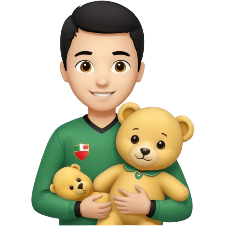 Une garçon qui a les cheveux noir qui sourit il a un maillot de l’algerie et qui a un doudou jaune sur son epaule un ours jaune qui a des habille noir emoji