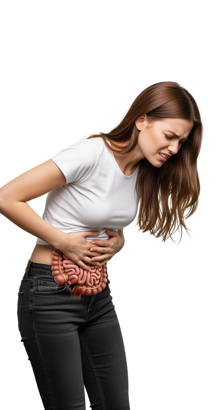 donna giovane piegata in avanti con mal di pancia e INTESTINO UMANO ANATOMICO IN EVIDENZA, iperrealistica 4k, ISOLATA SU SFONDO BIANCO emoji