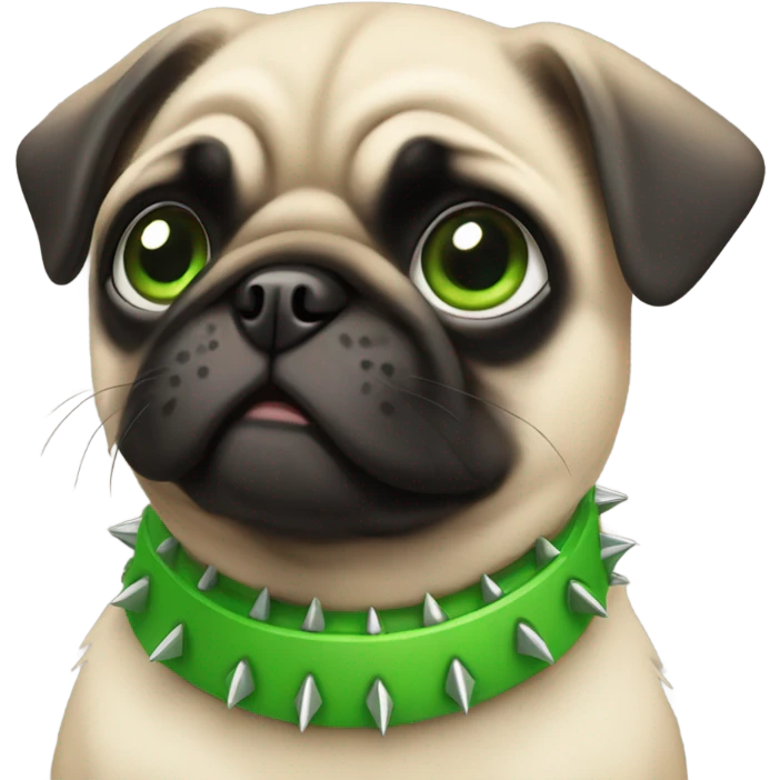 Baby pug with big green eyes and spikey green collar  emoji