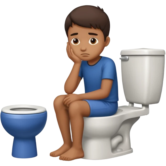 a brown boy sitting on a toilet with strained face emoji