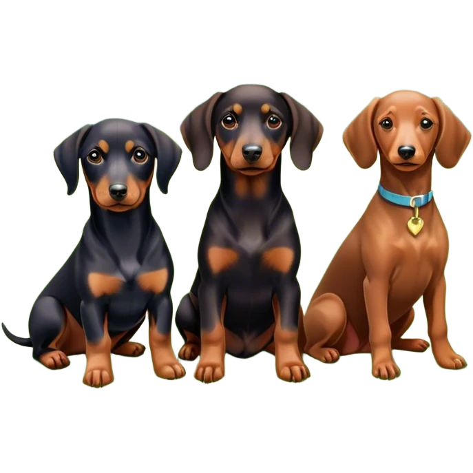 Close-up of a Doberman Pinscher, a Dachshund and a Poodle sitting together on lush green grass. The background features a beautiful, serene nature view with rolling hills and bright blue skies. The dogs' sleek coats shine under the sun. Transparent background. emoji