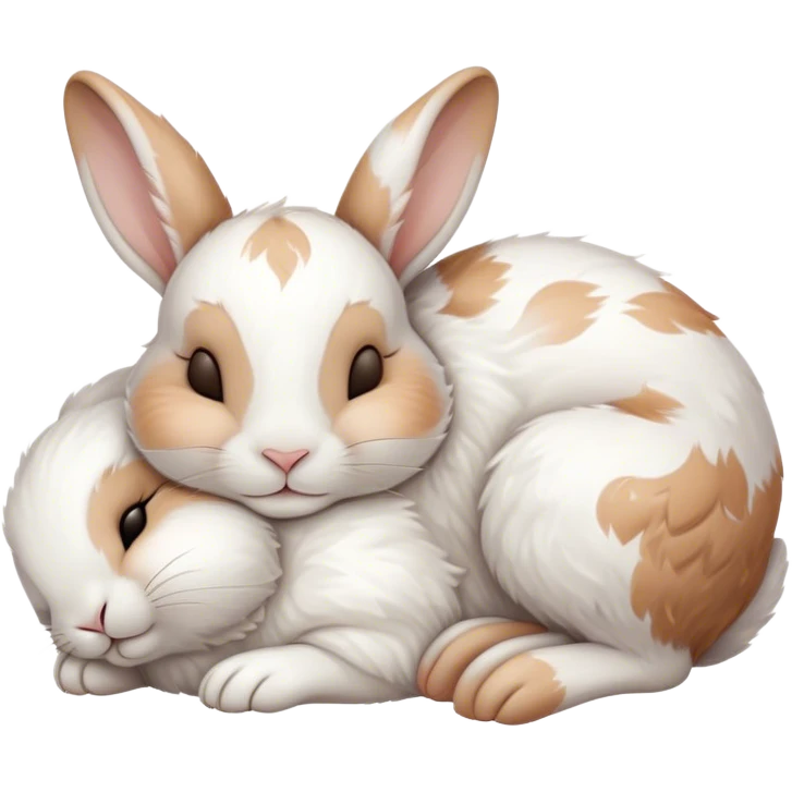 Meme-Worthy Cute Sleeping White and Brown Rabbit Portrait Emoji, Head resting peacefully with a contented smile, showcasing a delightfully balanced build and a luxuriously soft patterned fur of white and brown, eyes shut in a serene nap, Simplified yet hilariously adorable features, highly detailed, glowing with a soft, drowsy light, high shine, relaxed and utterly lovable, stylized with an air of playful laziness, bright and heartwarming, soft glowing outline, capturing the essence of a comically sleepy bunny, so meme-worthy it feels like it could instantly become the next viral sensation of adorable slumber! emoji