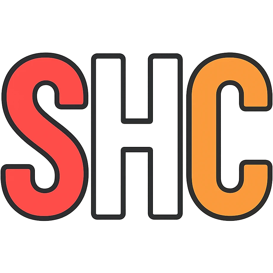 Adjust the letters S, H, and C so that S is bright red, H is pure white, and C is vivid orange. Make all three letters the same size and height, bold and clean, on a transparent background. emoji
