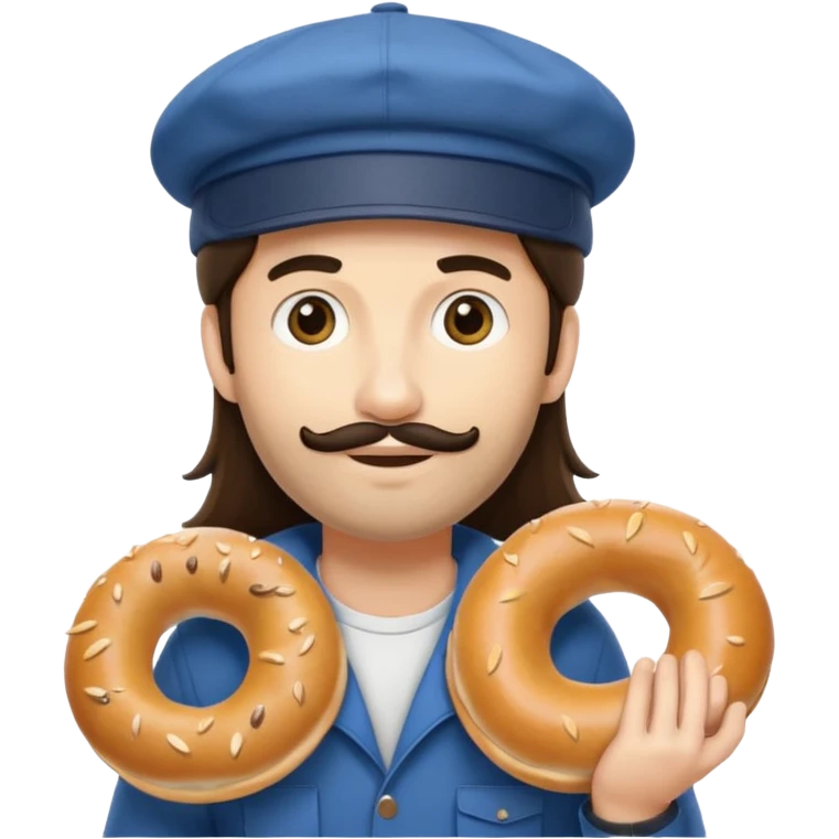 tourist brunette long hair man with cap holding bagel emoji