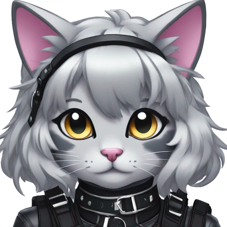 Gorgeous sparkly shiny dark techwear anime style anthro cat with blushing face aesthetic and pretty edgy black with collar and harness trending style emoji