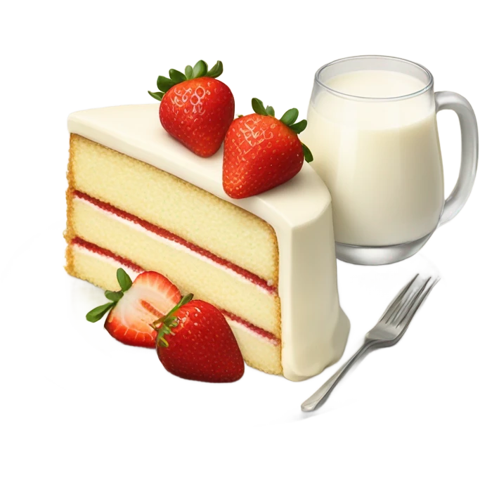 Slice vanilla cake with strawberrieson top at plate and milk at glass emoji