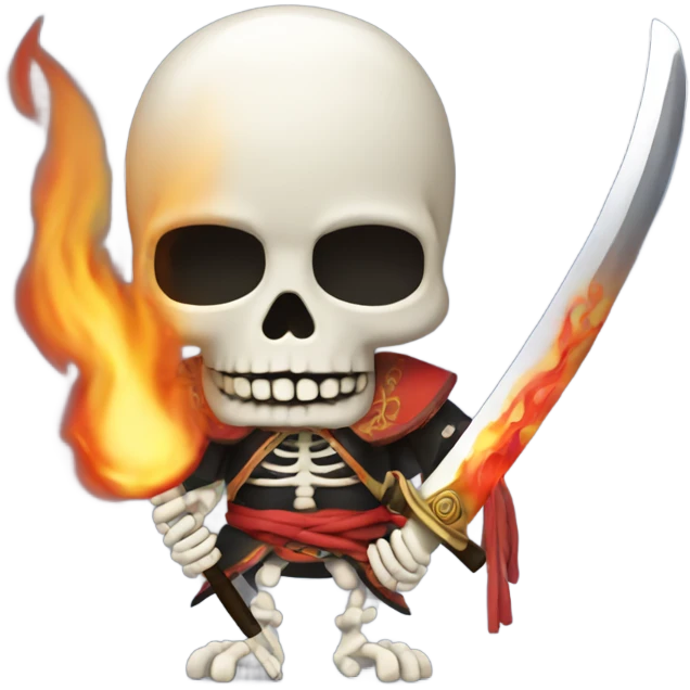 Skeleton with fire for hair, holding a samurai sword emoji