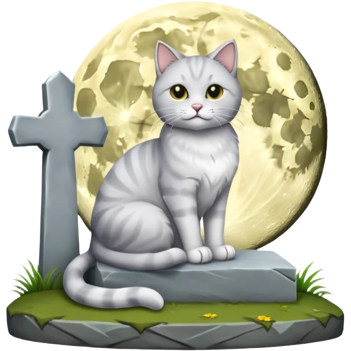 grau weiße Katze bei vollmond auf dem friedhof neben einem grabstein emoji