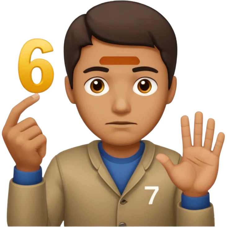 man frowning holding up numbers 6 in left hand and 7 in right hand emoji