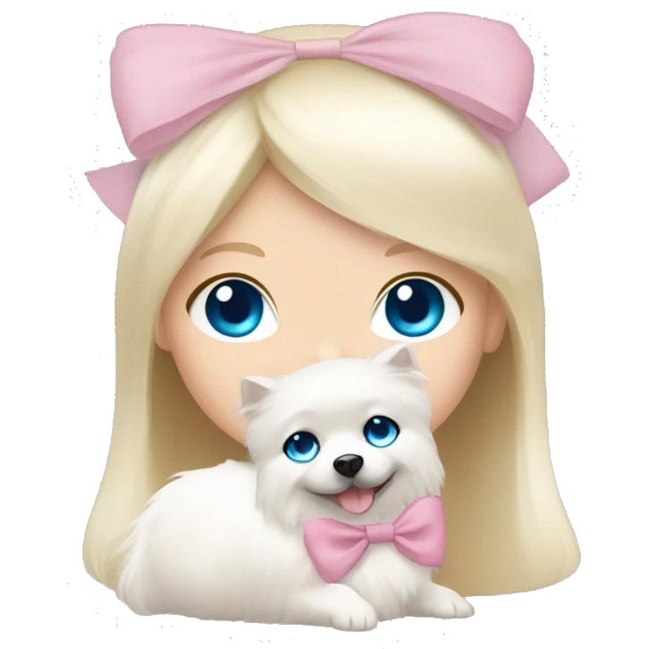 Blond girl white skin blue eyes hugging white Pomeranian with light pink bow emoji
