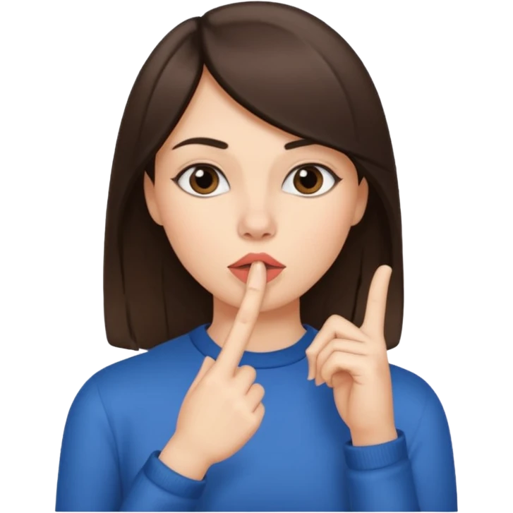 brunette girl, with straight hair, making a "be quiet" gesture emoji
