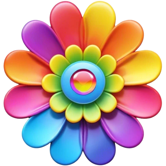 A round psychedelic colored button with bezeled edges and a rainbow colored 3D flower in the center emoji