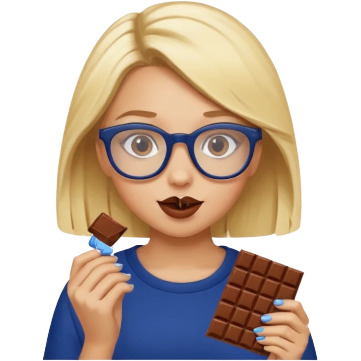 Blonde girl with navy blue framed glasses eating chocolate emoji