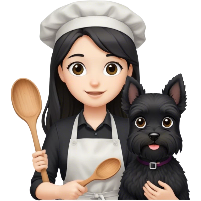 pale smiling girl baking with long back hair wearing black long shirt wearing apron holding black  schnauzer emoji