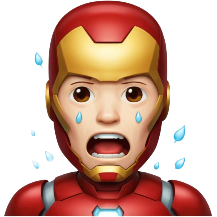 Create a man in an Iron Man costume who is crying with his mouth open and tears flowing emoji
