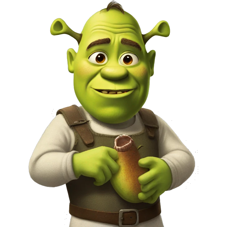 Shrek standing awkwardly while holding a pickle that has a face emoji