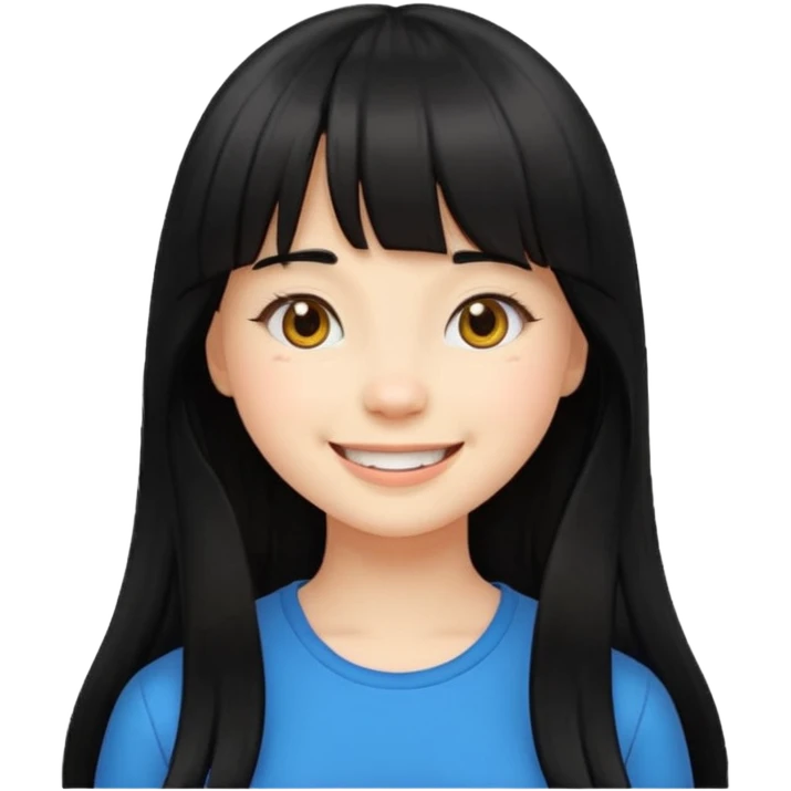 pretty white girl with long black hair and thick bangs, smiling expression, emoji style emoji