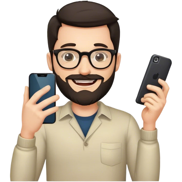 white man, dark hair, glasses and beard, smiling and winking, holding mobile phone emoji