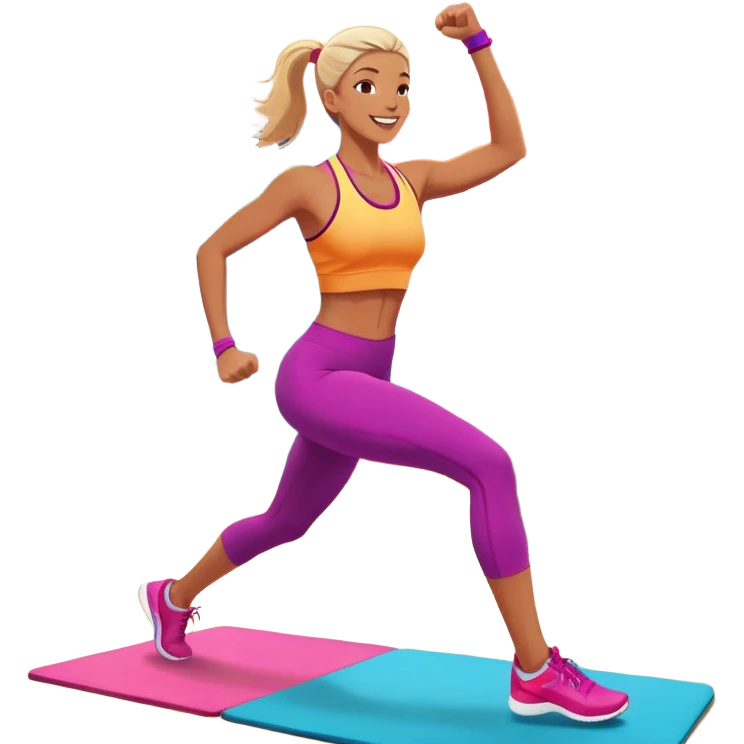 An energetic person performing an aerobics workout in a brightly lit gym, jumping and stretching with enthusiasm. The scene includes vibrant fitness equipment like dumbbells and exercise mats, with a background of cheerful, motivating colors, conveying energy and movement. emoji