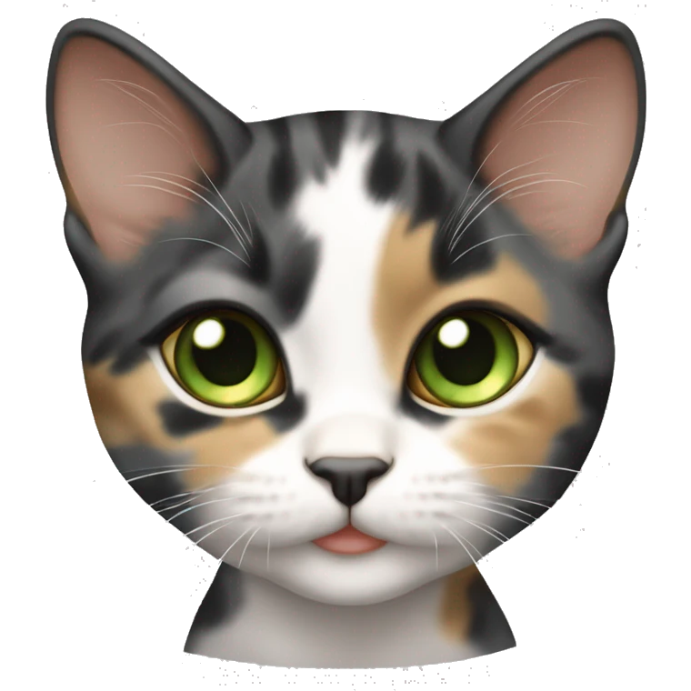 young diluted calico kitten, white mouth, green eyes, tan spot forehead emoji