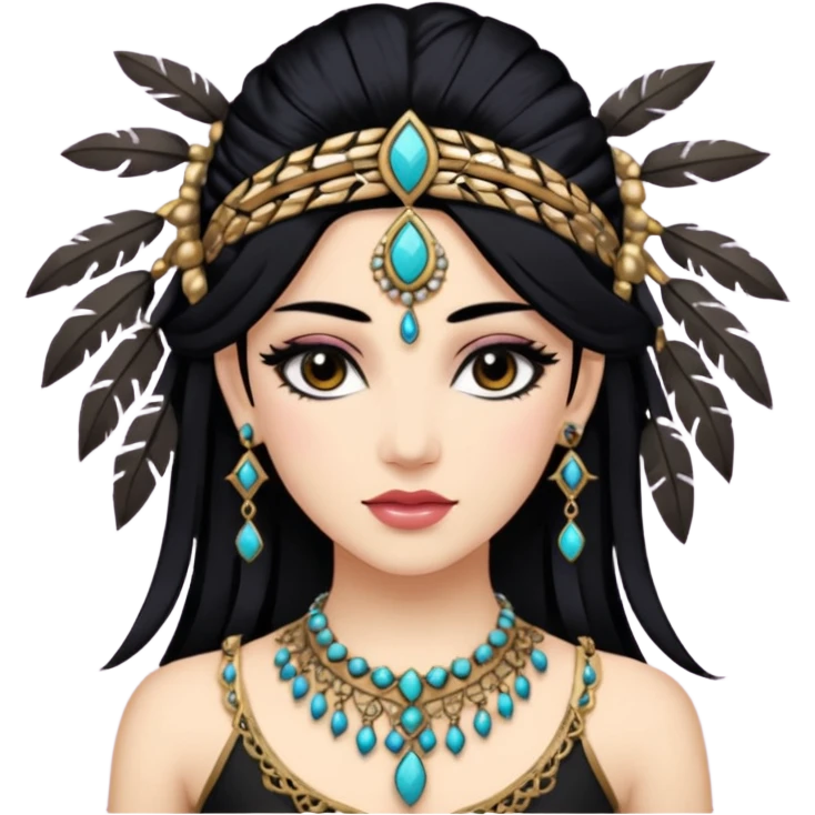 Une danseuse de tribal fusion, à la peau blanche et à la chevelure noire. Prends inspiration de Rachel Brice ou de Kira Lebedeva. emoji