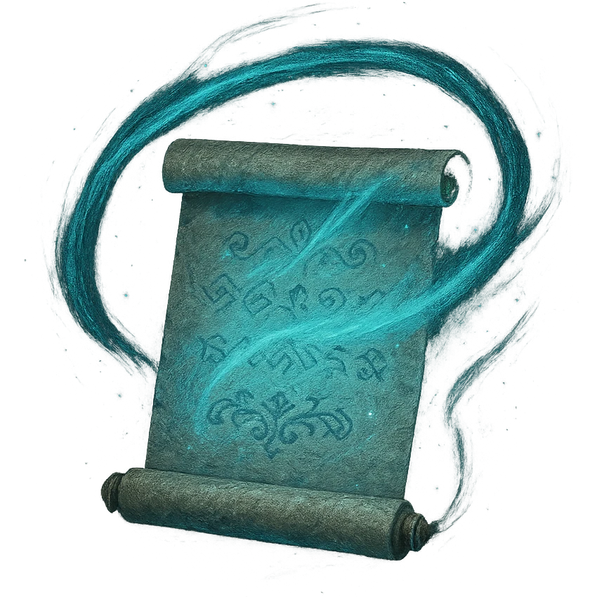 Design a clean, iconic version of the Windows 'My Computer' icon as an Elden Ring glintstone sorcery. Use a mystical blue aura, a parchment scroll, and a simple magical effect, with a transparent background. 1080 x 1080. emoji