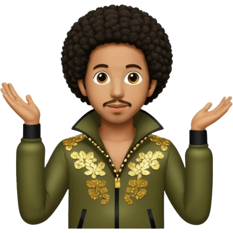 Ludacris with dark brown afro hair, olive sequin outfit emoji