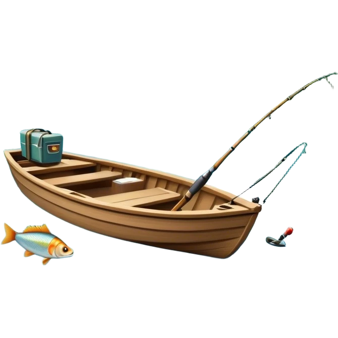 Icon for Fishing Travel: a boat on a calm lake surrounded by mountains and lush greenery, with fish jumping out of the water, a fishing rod, tackle box. The icon should capture the peaceful and adventurous nature of fishing trips. Transparent background. emoji