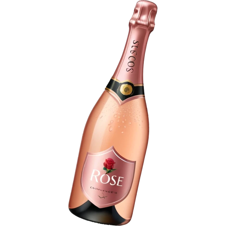 bottle of sparkling rosé champagne with a rose logo on the label, tilted up and to the right, no glass emoji