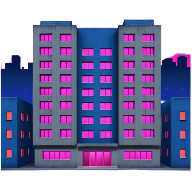 Soviet-style apartment block at night, stark concrete silhouette against dark blue night sky, single window emitting vibrant pink ultraviolet light, ghetto ambience emoji