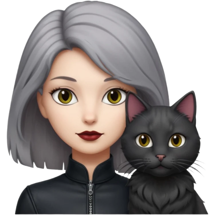 femme aux yeux gris, cheveux court bordeaux avec cuir noir, accompagné d'un chat poils longs gris clair et d'un chat poils ras noirs emoji
