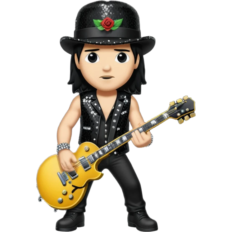 Slash from Gun n Roses with long jet black hair, black sequin outfit emoji