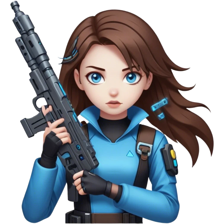 Neon cyberpunk style 
girl with brown hair and blue eyes 
shoots emoji