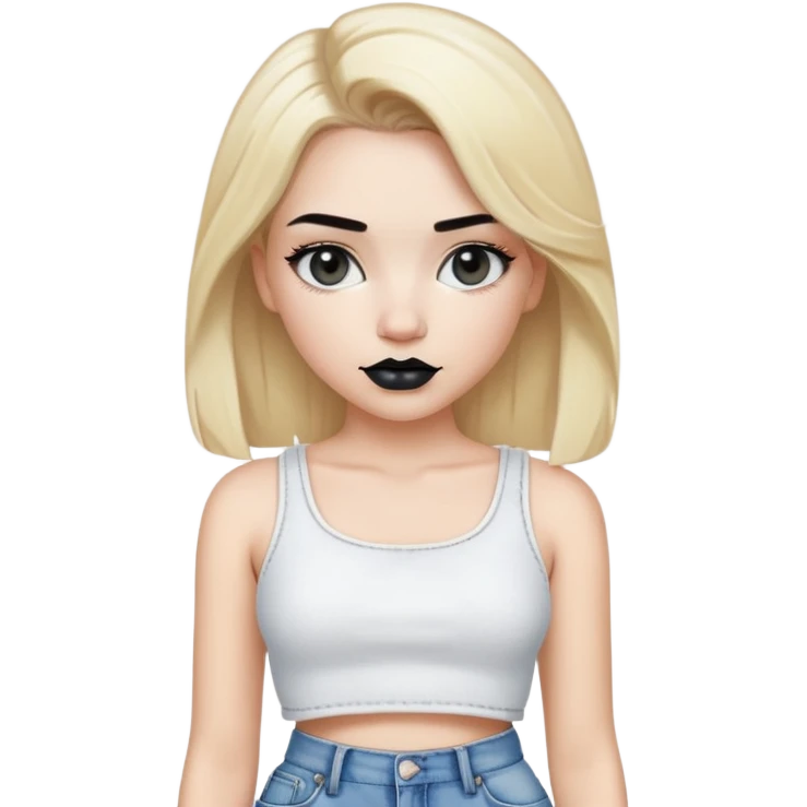 White girl with blond hair , black lipstick and white crop top for shirt and for pants baggy jeans emoji