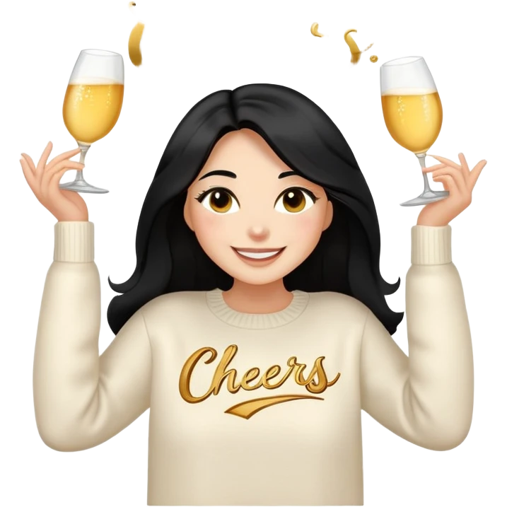 A woman with longer black hair, light to medium skin tone, full cheeks, and almond-shaped eyes, wearing a simple white sweater with the word 'cheers' in gold script, joyful and radiant expression, cheerful, emoji style, just her torso, no hands. emoji