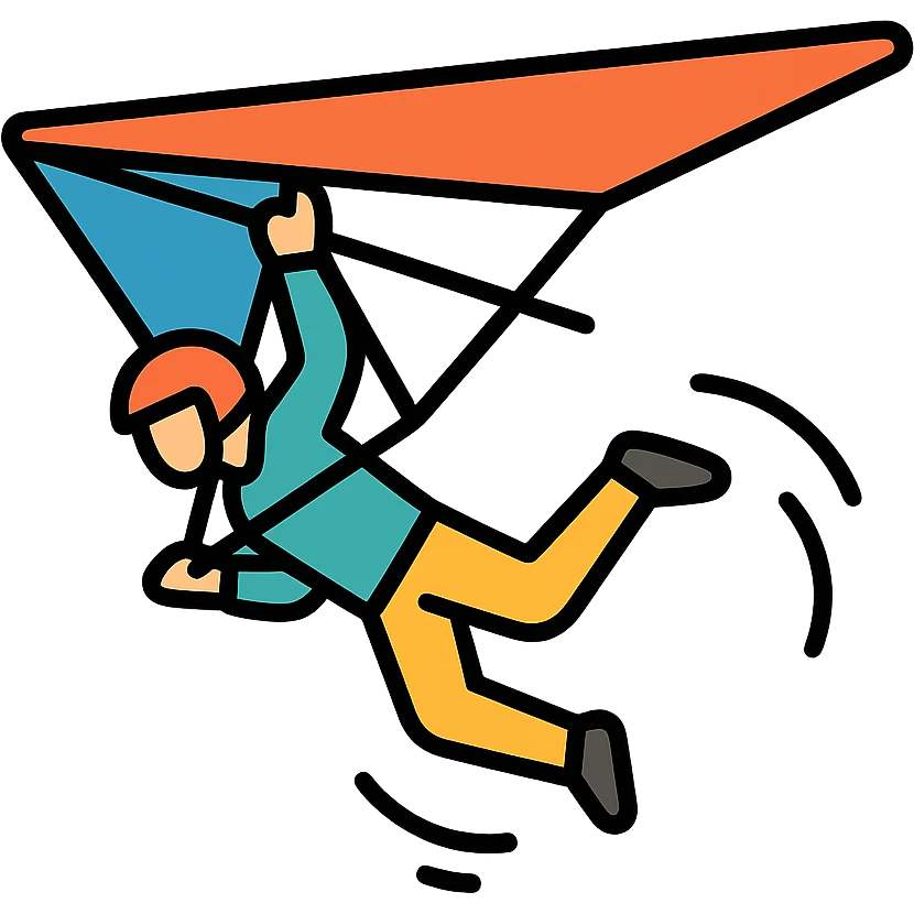 hang glider with a pilot performing a stunt, dynamic action pose, colored icon with black outlines emoji