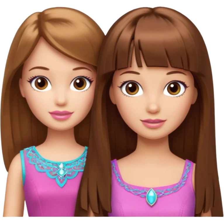 2 girls best friends one is barbie merliah summers and the other is a girl with brown hair and brown fringe and light brown eyes  emoji