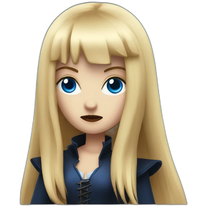 beautiful vampire woman with long blonde hair and blonde straight bangs and blue eyes wielding knives serious expression emoji
