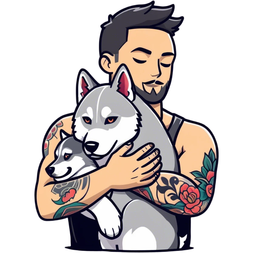 Tattooed arms man hugging a husky emoji