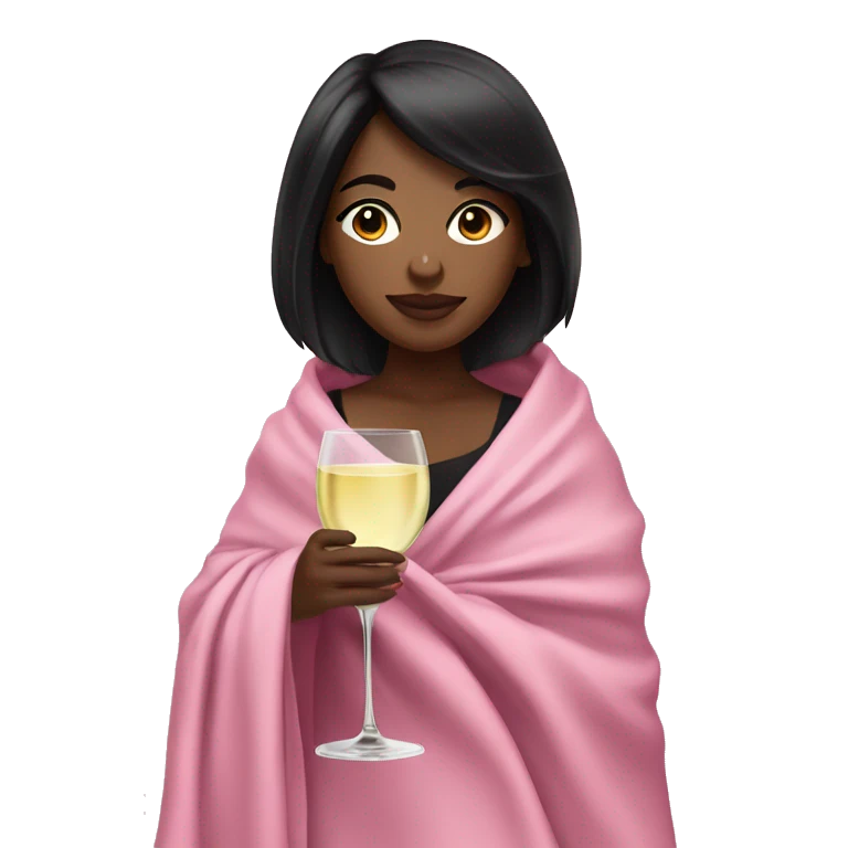 a girl with light skin and black hair and a glass of white wine wrapped in a pink blanket emoji