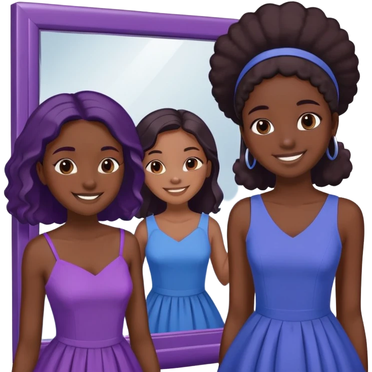 Two black girls. One in purple and one in blue. Both smiling at a mirror in a store emoji