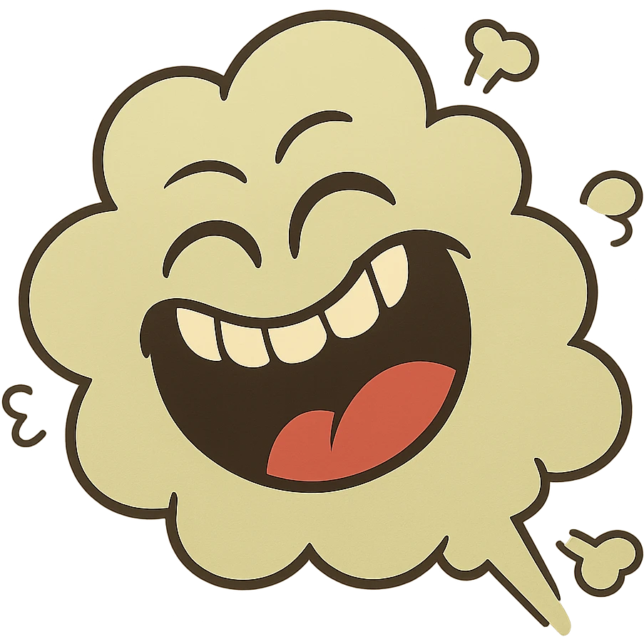 a cartoon fart cloud with a big laughing face, playful and silly emoji