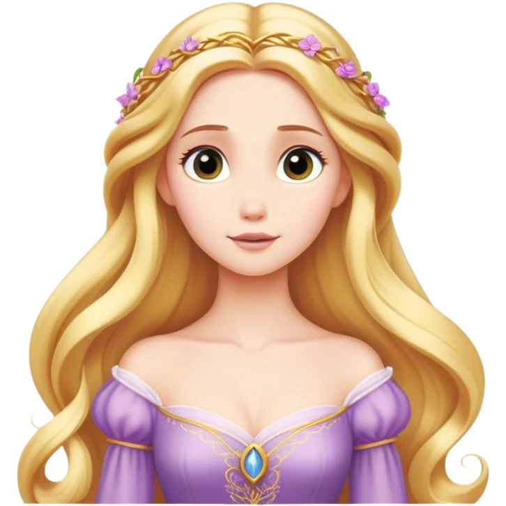Cinematic Timeless Rapunzel Portrait Emoji, rendered in a clean, vector style. Depict Rapunzel with porcelain skin, beautifully styled long golden hair, and a serene, graceful expression, dressed in her classic gown. The design features bold, clean lines, a soft, magical glow, and a subtle glowing outline that captures her timeless, fairy-tale beauty. emoji