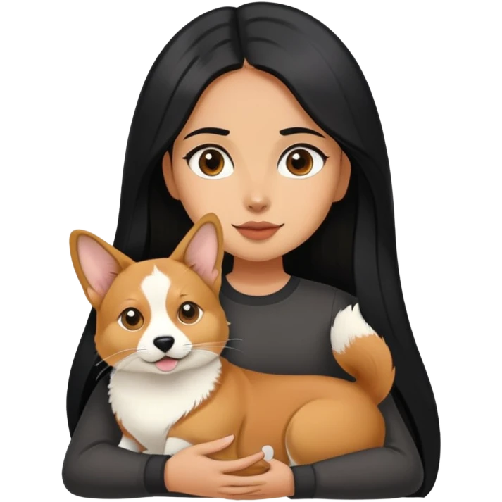 The girl with long black hair holding a corgi and a Abyssinian cat emoji
