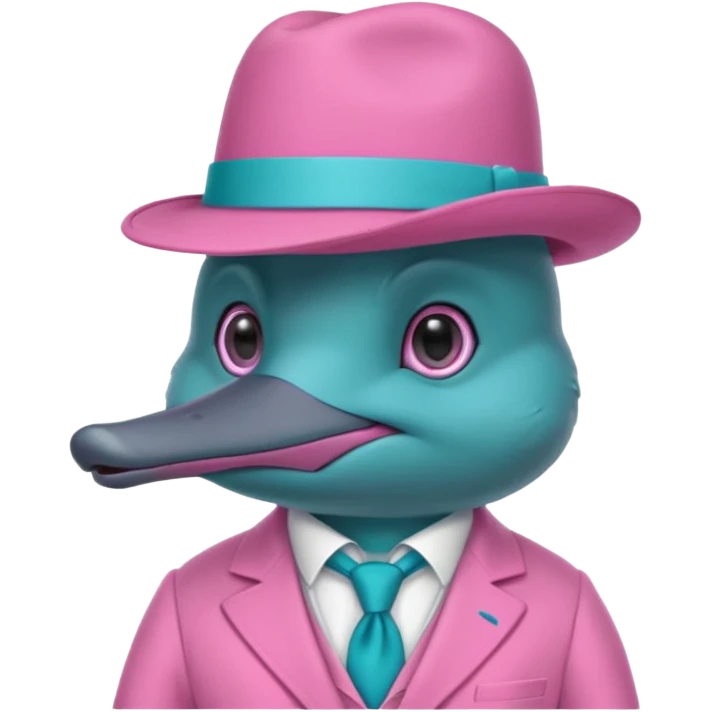 cute light blue turqiouse platypus head with a detective hat and monocle on his eye, no  hands, looks like a platypus but blue, the hat and suit are pink emoji