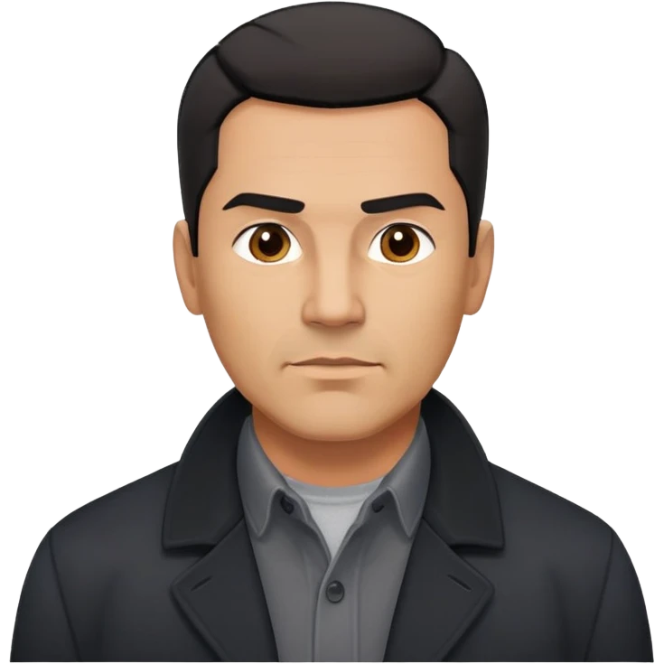 Strong built middle-aged Hispanic man with tan complexion, short black straight hair combed back with faded sides, square masculine face with defined jawline, wearing black coat and gray button-up shirt tucked in emoji