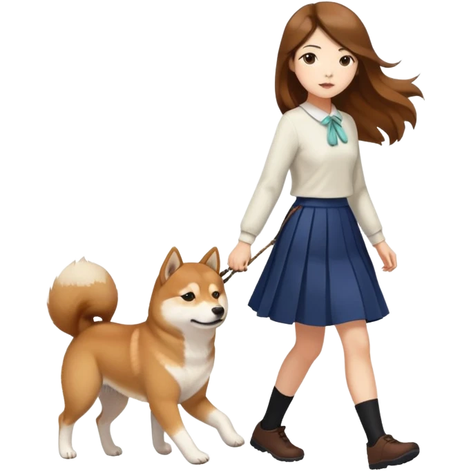 A girl with long brown hair and a skirt walking a Shiba Inu emoji