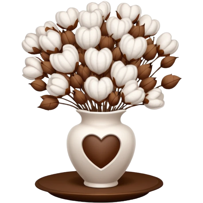 a bouquet of cotton flowers with brown dried petals, in a white ribbed vase on a white tray. next to it is a figurine in the form of a white heart, with a soft glow emoji